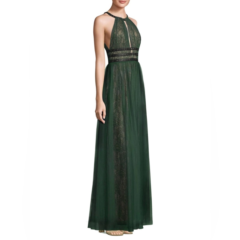 BCBGMAXAZRIA Green Lace Halter Evening Gown with Leather Studded Waist – Size 2